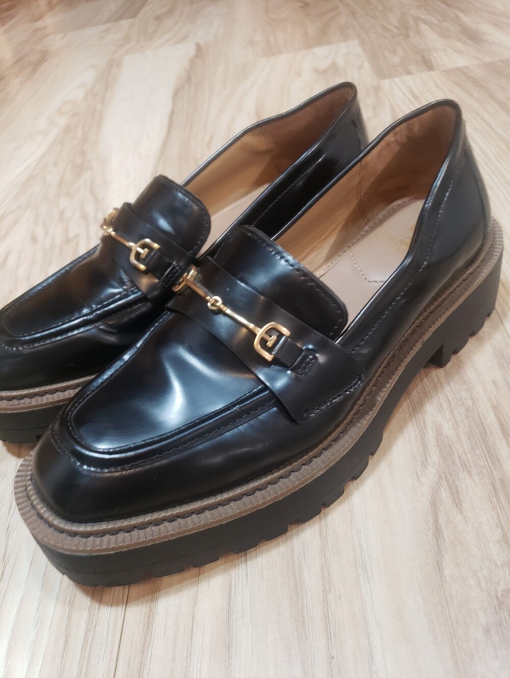 Sam Edelman Laurs Loafers Black Patent Leather Lug Sole Horsebit Gold Buckle 8.5
